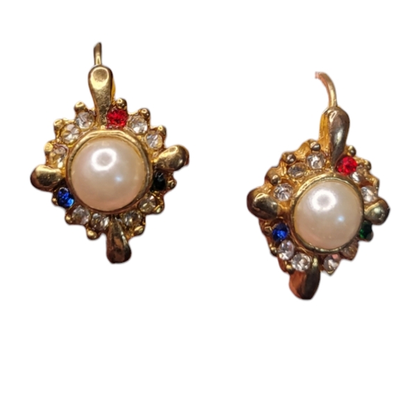 Vintage Faux Pearl & Rhinestone Earrings - Picture 14 of 16